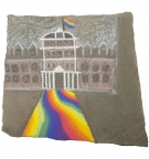 chalk drawing on stone of Parrish Hall and a rainbow-colored Magill Walk